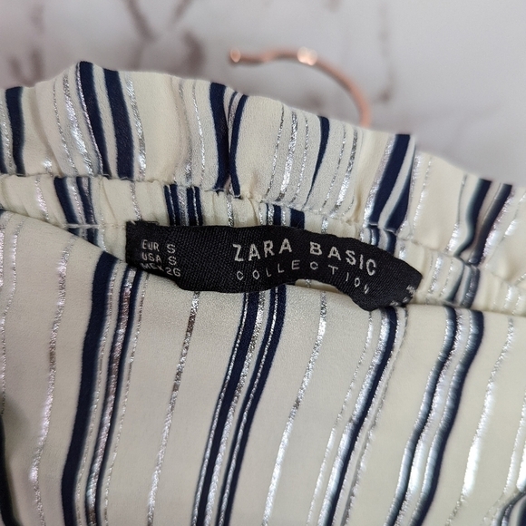 Zara Culotte Wide Leg Pull On Pants Striped Small Cream Blue High Rise White - Picture 7 of 9